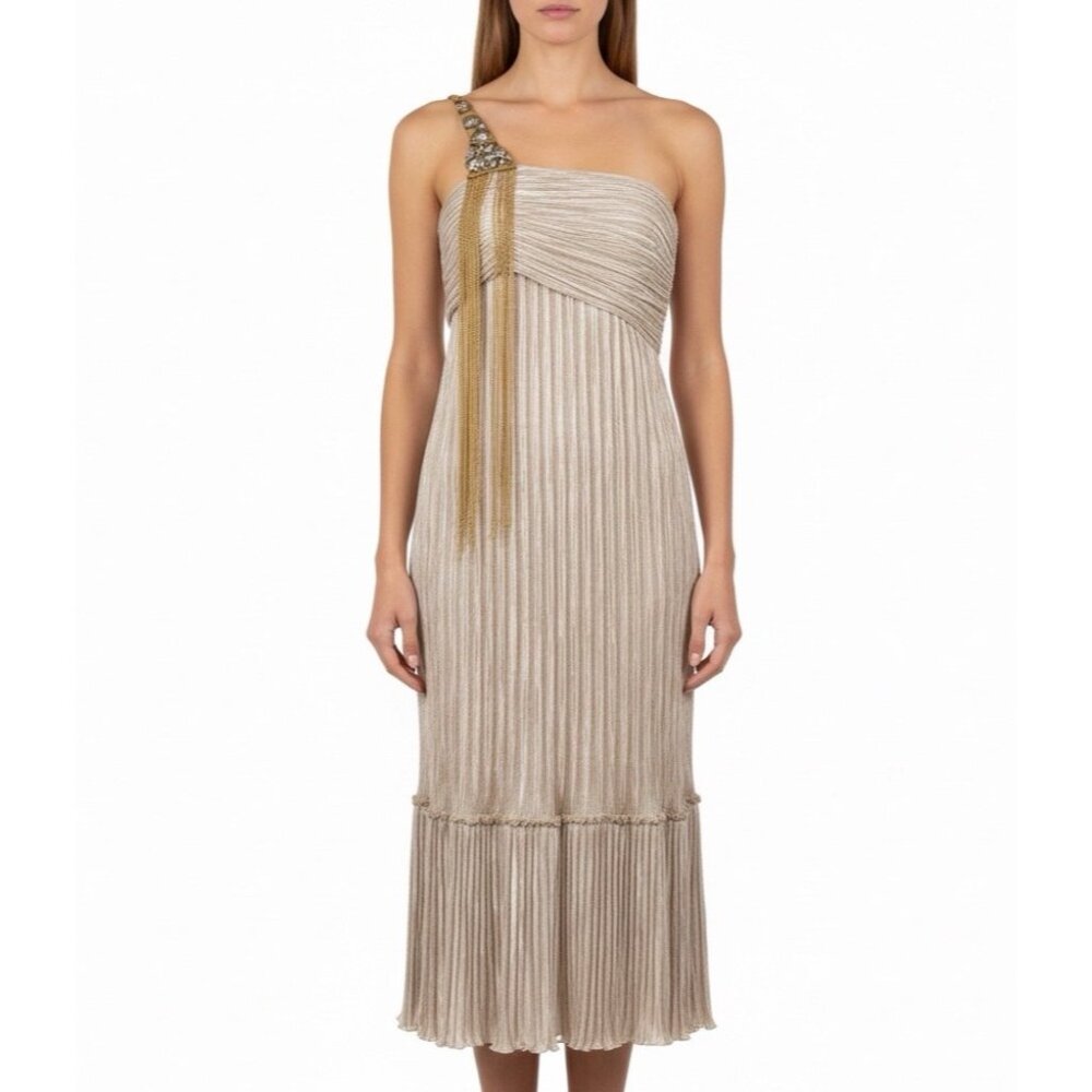 Mary McFadden Women’s Gold & Cream Pleated Satin Gown With Beaded Strap Size 6
